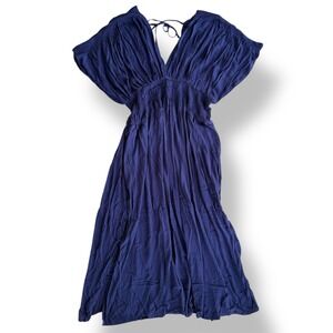 Curvesoul Plus 1XL Navy Blue V-Neck Batwing Sleeve Pocket Ruched Maxi Dress Boho